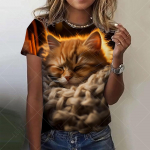 Suvised &uuml;mara kaelusega 3D kassipildiga pluusid, moodsad vabaaja l&uuml;hikeste varrukatega naiste T-s&auml;rgid 6XL