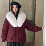 Streetwear Suure karvakraega udusulega puuvillase polsterdusega jakk Naiste talvine l&uuml;hike parka Paks soe mantel Naiste moer&otilde;ivad M valge/veinipunane v&auml;rv