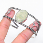 Natural Prehnite Gemstone 925 Sterling Silver Cuff Bangle Adjustable a0q13