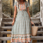 Naiste vintage Bohemia suvekevadised lillemustriga l&uuml;hikeste varrukatega V-kaelusega vabaajakleidid k&otilde;rge v&ouml;&ouml;kohaga S roheline