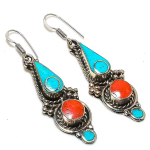 Natural Tibetan Turquoise, Coral Gemstone Handmade Jewelry Earring 2.36 p5w94