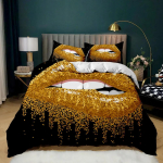 Huule Tekikoti Komplekt Kuldne Huule Voodipesukomplekt Seksikas T&auml;iskasvanud Paar &Uuml;hekohaline Pol&uuml;ester Tekikott 3D Suudlusj&auml;ljed Kahekohaline Queen King Suurus EU single(135x200cm)