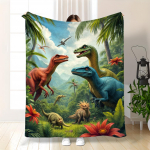 1 tk džungli dinosaurusmustriga fliispleed 280 gsm raske kaaluga k&otilde;ikhooaegne pehme flanellpleed eelajaloolise dinosauruse disainiga T 70x100cm