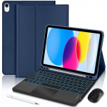 Klaviatuurikate iPad A16 jaoks (11 ) / iPad 10 (10,9 ) Tumesinine PU nahk taustvalgustusega klaviatuuri + hiire + pliiatsiga