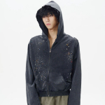 Unisex Kapuutsiga Pikkade Varrukatega Lukuga Jakk &Uuml;le suurusega Streetwear Vintage Pesumasinas Pestaud T&auml;hega Kivist Sviiterjakk S