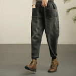 Naiste tasku elastne v&ouml;&ouml;koht Denim k&auml;rbitud p&uuml;ksid haaremi p&uuml;ksid Retro distressed k&otilde;rge v&ouml;&ouml;kohaga haaremi p&uuml;ksid pahkluu pikkused Bloomers XXL must