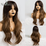 ALAN EATON Long Wavy Ombre must Tumepruun parukas Bangs Wave kuumakindlad s&uuml;nteetilised parukad naistele African American Cosplay