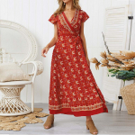 Lilleline Bohemian suvekleit pikkade varrukatega V-kaelusega p&auml;evalillev&auml;rvi naiste pikk kleit p&uuml;hade rannariided S veinipunane v&auml;rv