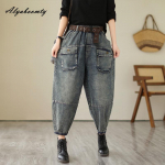 Suures suuruses s&uuml;gistalvised vabad haaremiteksad, elastne v&ouml;&ouml;koht pestud puuvillased vintage teksad Korea mood stiilsed teksap&uuml;ksid v&ouml;&ouml;ga M