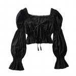 Prantsuse plisseeritud laternaga pikkade varrukatega s&auml;rk naiste uus vintage valge kandiline kraega pluus Topid Naiste Korea mood Desidn vabaajar&otilde;ivad 2024 S must