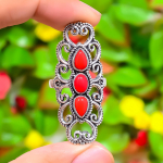 Natural Italian Red Coral Gemstone 925 Sterling Silver Ring Size 9.5 q5b05