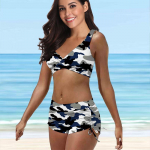 Naiste ujumisriided Tankini, 2-osaline ujumistrikoo, hall kamuflaažitr&uuml;kiga supluskost&uuml;&uuml;m XL