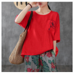 Boheemlaste lilletikanditega avar naiste T-s&auml;rk, l&uuml;hikeste varrukatega puuvillane ja linane vabaaja topp M punane