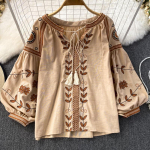 Naiste kevadine pluus Vintage etnilise stiiliga pikkade varrukatega &uuml;mar kaelus, avara tikitud pullover-s&auml;rk vabaaja &uuml;laosaga pidulik moekujundus One Size khaki