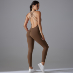 Auroth Back Cross Fitness Sport Bodysuit Naiste One Piece Yoga Romper Slim Beauty Back Running Varrukateta Jumpsuit S pruun
