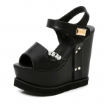 Gdgydh Summer Peep Toe Wedge Sandaalid Naiste Platvorm Suurenenud K&otilde;rgus Metallkaunistus Valge Kristallist Kontsaga Sandaalid Pahkluu rihm 34 must