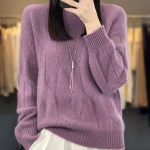 Naiste pulloverid s&uuml;gis/talvine Kvaliteetne pehme meriinovillane poolk&otilde;rge kaelus ja paks ka&scaron;miirist sviiter L lilla