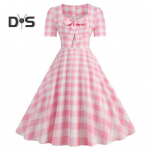 Elegantne naiste kleit, tr&uuml;kitud ruudukujuline kaelus, rinnal, armas stiil vabaaja peokleit, l&uuml;hikeste varrukatega, liibuv v&ouml;&ouml;koht &otilde;huke kleit naiste suver&otilde;ivad L roosa/valge