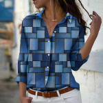 Denimprinteriga naiste pluus Kevads&uuml;gis Femme Office Lady Button Up Turn Down kraega s&auml;rgid 6XL sinine