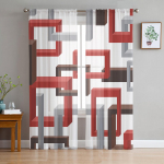 Abstraktsed geomeetrilised ruudud kunst must punane l&auml;bipaistev kardin elutuba tr&uuml;kitud t&uuml;llist aknakardin Luksuslik kodu r&otilde;du sisekujundus kardinad 1 PCS W100XH250cm&Rod Pocket