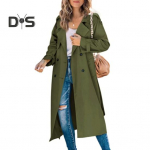 Naiste Trench-mantel, kaherealine klassikaline rev&auml;&auml;riga pikk mantel Tuulekindel s&uuml;giskevadine &uuml;ler&otilde;ivaste jope t&ouml;&ouml;reisiks M armee roheline v&auml;rv