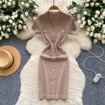 &Scaron;ikk kootud V-kaelusega &uuml;he n&ouml;&ouml;biga pliiatskleit Vintage kleit Elegantne ranna k&otilde;rge v&ouml;&ouml;kohaga Korea moe kleidid One Size khaki