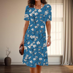 Naiste moodne graatsiline lilleprindiga suvine kevadine l&uuml;hikeste varrukatega O-kaelusega vabaajakleidid XS sinine