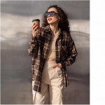 Ruuduline s&auml;rk naiste kevadine ja s&uuml;gisene korea stiilis avara pikkade varrukatega harjatud retro tippjakk S