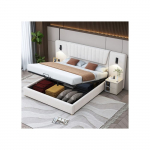 Lit rembourr&eacute; - MUVOE - 180x200 cm - Beige - Dossier allong&eacute; - Lampes de lecture USB beež