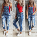 Naiste Retro Denim Bib Kombinesoonid Teksad Kombinesoonid ja p&uuml;ksid Naistele Ripped Hole Vabaaja veniv pikk m&auml;ngu&uuml;likond Taskud Jumpsuit XXL