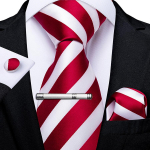 Meeste klassikaline punase triibuline lips ja ruudukujuline taskukomplekt siidist kaelalips koos lipsuklambriga, pulmapeo lips 0242