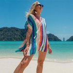 Uus vintage v&auml;rviline kootud bikiinide kattekiht Seksikas kootud &otilde;&otilde;nes V kaelalips, k&uuml;lgmine l&otilde;hik, minikleit naiste rannaujumisriided, kate Q1404 One Size mitmev&auml;rviline