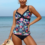 Charmleaks kaheosaline Tankini komplekt naistele Retro vintage lilleprintiga V kaelusega k&otilde;rge v&ouml;&ouml;kohaga ujumistrikoo L