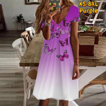 Suvemood naiste V kaelusega l&uuml;hikeste varrukatega Swarms of Flash Butterflies Tr&uuml;kitud kleit Sekskleit XS lilla