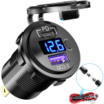 Quick Charge 3.0 USB PD Type-C Car Charger Socket, 12V USB Outlet Socket with LED Voltmeter & ON/Off Switch Waterproof for Marine Boat Motorcycle etc 24V must/sinine