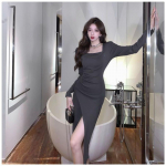 S&uuml;gisene Bodycon Wrap poolitatud kleit naiste vintage retro seksikas &otilde;huke kandiline krae pikkade varrukatega Midi kleidid mood S must