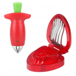 1 komplekt roostevabast terasest maasika viilutaja ja maasikahulleri kirsipuuvilja-k&ouml;&ouml;givilja maasika varre ja lehtede eemaldamise t&ouml;&ouml;riist Multifunktsionaalne kasutusjuhend punane