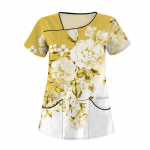 Naiste vabaaja lillemustriga l&uuml;hikeste varrukatega, kaldus kraega t&ouml;&ouml;riiete topp kahekordsete taskutega L sinine