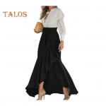 Naiste suvine maksiseelik k&otilde;rge v&ouml;&ouml;kohaga, pitsiga, volangidega, pikk seelik, ruuduline, prinditud kikilips, ebaregulaarne &auml;&auml;ris, vabaaja seelik L veinipunane v&auml;rv