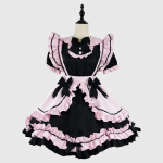 Anime Gothic Lolita JSK kleit L&uuml;hikeste varrukatega Kawaii Bow Maid Peokleidid Cosplay Kassid T&uuml;druk Harajuku Armsad roosad volangid, must L
