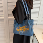 Kirjatikandiga &otilde;lakott, vintage teksariidest kandekott, moodne k&auml;ekott kooli, t&ouml;&ouml;, reisimise jaoks sinine