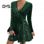 S&uuml;giskevadine naiste kleit V-kaelusega, pitsitud, liibuv v&ouml;&ouml;koht, litritega dekoor A-joon, suur all&auml;&auml;r, pikkade varrukatega ballipeokleit S sinine