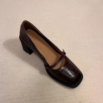 Pehme lambanahk Retro Ruudukujuline pea Kerge suu K&otilde;rge konts V&auml;ikesed nahast kingad Prantsuse paks konts Mary Jane &Uuml;hed kingad Naiste kingad 35 pruun