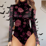 Naiste s&uuml;gis- ja talvine &uuml;hes t&uuml;kis &otilde;huke pikkade varrukatega T-s&auml;rk, poolk&otilde;rge kaelusega vintage Halloweeni tr&uuml;kitud boditopsid L tumeroheline v&auml;rv