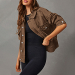 Naiste venivast denimist jakk pikkade varrukatega teksajakk veoautojuhi jakk taskuga XXL pruun