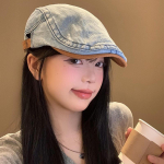 Washed Denim Forward Hat Women's Retro Versatile Face Small Beret Wearing Big Head Circumference Blue Hat Tide M (56-58cm) color matching forward brim