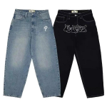 RogueWave Streetwear Y2K Hip Hop Retro Sinised Laiad Teksap&uuml;ksid Harajuku Teksap&uuml;ksid K&otilde;rge V&ouml;&ouml;koht Laiad Tikitud Kirjadega P&uuml;ksid S must