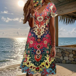 Suvemood naiste V-kaelusega l&uuml;hikeste varrukatega lillega tr&uuml;kitud kleit Seks-l&uuml;hikese seelikuga kleidid XS