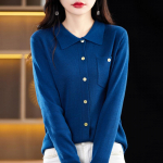 Naiste mood vabaaja &uuml;hev&auml;rviline printimine s&uuml;gistalvise pikkade varrukatega POLO kaelaga lahtised kampsunid XXL sinine