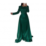 Litrikestega l&auml;bikumavast v&otilde;rkkangast pikkade varrukatega maksikleit naistele, voolav s&auml;delev A-l&otilde;ikeline pikk kleit, pidulik kokteili&otilde;htukleit S roheline